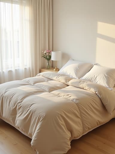 아늑한 퀸사이즈 침대에 부드러운 베이지색 이불과 푹신한 흰색 베개가 조화를 이루어 햇살이 드는 침실에 우아하게 놓여 있으며, 밝은 나무 바닥과 투명한 흰색 커튼이 장식된 큰 창문이 있어 부드러운 아침 햇빛이 방 전체에 퍼져 차분하고 매력적인 분위기를 자아낸다.