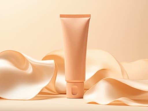 부드러운 복숭아색 BB크림 튜브가 플라스틱으로 만들어졌고, 부드러운 주름이 있는 밝은 베이지색 새틴 원단 배경 위에 우아하게 놓여 있으며, 따뜻한 자연광에 의해 조명되어 깨끗하고 현대적인 분위기를 만들어냅니다.