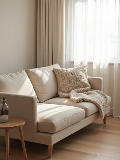 북촌의 아늑하고 미니멀한 거실에서 매트한 패브릭 소파와 부드러운 질감의 울 담요가 자연광이 비치는 얇은 흰색 커튼을 통해 부드러운 아침 햇빛에 비춰지며 편안하게 휴식을 취할 수 있는 고요하고 초대하는 분위기를 조성합니다.