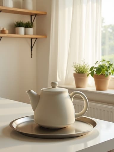 부드러운 아침 햇살이 얇은 하얀 커튼을 통과하여 비추는 평화로운 주방 환경에서 매트 세라믹 주전자가 브러시 금속 쟁반 위에 놓여져 있는 아늑하고 미니멀한 정물 이미지로, 배경에는 가벼운 나무 선반과 화분에 심어진 허브가 있어 차분하고 초대하는 분위기를 반영하며 아이폰으로 촬영된 것처럼 보입니다.