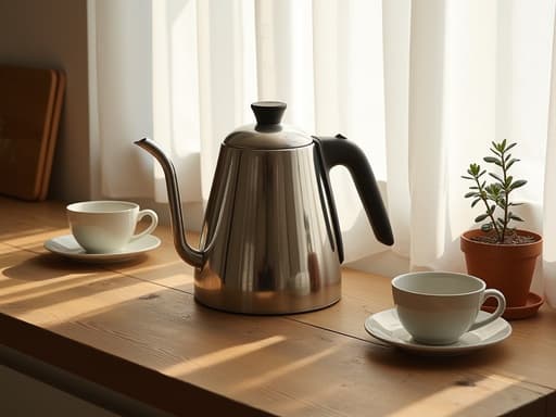 깨끗한 스테인리스 스틸 주전자가 rustic 나무 주방 카운터 위에 놓여 있으며, 연한 아침 햇살이 하얀 시어 커튼을 통과하며 비추고 있고, 섬세한 세라믹 머그잔과 작은 화분의 다육식물이 아늑한 분위기를 더해주고 있습니다.