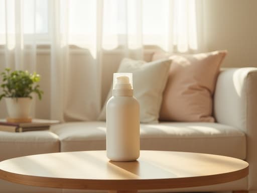 포근한 분위기의 북촌 거실에서 매끄러운 나무 테이블 위에 놓인 매트 화이트 선스크린 병을 담은 고요한 정물, 부드러운 아침 햇살이 희미한 흰 커튼을 통해 스며들어 온화하고 초대하는 분위기를 만들어냅니다.