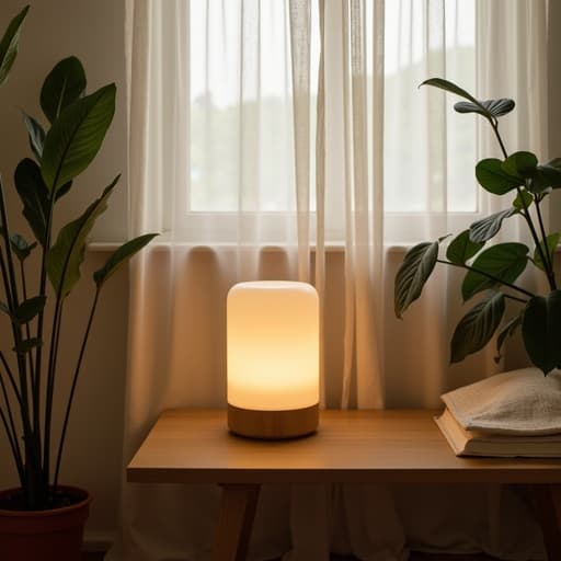 부드러운 색조의 유리 무드등이 동대문 안에 있는 아늑한 거실을 부드럽게 비추고, 흰색 린넨 커튼이 동쪽을 향한 자연 채광 속에서 부드럽게 흐르며, 미니멀한 나무 가구와 무성한 녹색 식물들이 어우러져 따뜻하고 초대하는 분위기를 만들어냅니다.