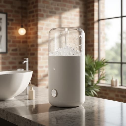 버블 디스펜서, 욕실, 미니멀리스트, 로프트 스타일 아파트, 벽돌 노출벽, 큰 창문, 자연광, 따뜻한 주변 조명