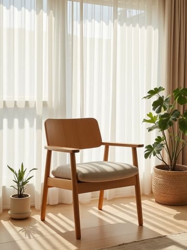 부드러운 아침 햇살이 투과하는 얇은 흰 커튼 사이에서 미니멀한 디자인의 브러시 마감된 나무 의자가 작은 화분 옆에 놓인 북촌의 스타일리시한 거실에서 편안한 인테리어 장면입니다.