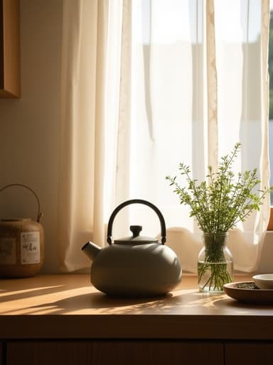 매트 세라믹 주전자가 한옥 스타일의 주방 나무 조리대 위에 놓여 있고, 유리병에 담긴 신선한 허브가 주변에 있으며, 얇은 흰 커튼을 통해 들어오는 햇빛이 따뜻하고 초대하는 분위기를 연출합니다.
