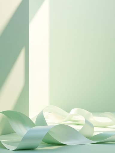 부드러운 파스텔 민트 색상의 현대적인 무드등이 부드러운 패브릭 주름과 섬세한 새틴 리본을 특징으로 하는 미니멀한 배경 앞에 세팅되어 있으며, 따뜻하게 확산된 아침 빛에 의해 밝혀져 고급스럽고 깨끗한 분위기를 연출합니다.