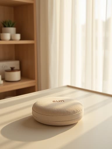 매끈한 무광 세라믹 표면 위에 우아하게 놓인 선케어 쿠션은 부드러운 아침 햇살이 통과한 얇은 흰 커튼을 통해 따뜻하고 초대하는 분위기를 만들어내며, 북촌의 미니멀한 거실에서 자연스러운 장식으로 가득한 나무 선반이 특징입니다.