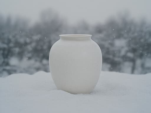 우아한 세라믹 질감의 흰색 화병이 부드럽게 내리는 눈송이가 있는 고요한 겨울 풍경 속에 있으면 흐릿한 나무가 배경에 있어 고요하고 평화로운 분위기를 연출합니다.