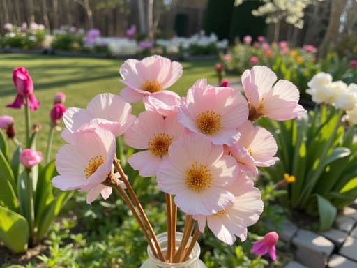 투명 유리 꽃병에 담긴 드라이플라워가 만발한 봄꽃 정원 배경과 함께 평화롭고 자연스러운 분위기를 연출합니다.