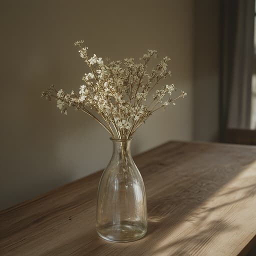 간단한 유리 꽃병에 담긴 드라이플라워가 빈티지 카페 테이블 위에 놓여 있으며, 부드러운 자연광이 섬세한 꽃잎을 비추고, 꽃병 표면에 약간의 결함이 있으며, 테이블의 나무 결이 드러나고, 부드러운 그림자가 드리워진 따뜻하고 아늑한 분위기.