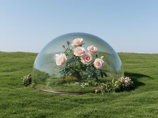 맑은 하늘 아래 푸른 잔디밭 위에 있는 장미가 들어있는 유리 돔, 고요하고 밝은 분위기.