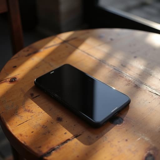 빈티지 카페 테이블 위에 있는 스마트폰, 자연광이 표면을 따뜻하게 비추고, 나무결의 디테일한 질감, 부드러운 그림자, glossy 화면에서 약간의 반사, 스마트폰에 초점을 맞춘 깊은 피사계 심도와 흐릿한 배경 요소, 따뜻하고 초대하는 아늑한 분위기