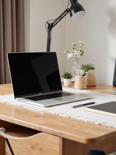 자연스러운 나무 질감의 스칸디나비아 스타일 홈 책상 위의 노트북, 부드러운 환경 조명, 미니멀한 장식, 차분하고 초대하는 분위기