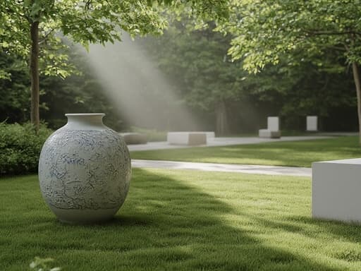 복잡한 손으로 만든 꽃병, 매끄러운 세라믹 질감, 부드러운 잔디와 세련된 벤치가 있는 현대 도시 공원 중앙에 놓여 있음, 나뭇잎 사이로 필터링되는 부드러운 햇빛, 나무들이 드리운 부드러운 그림자, 생생한 녹색, 평화롭고 초대하는