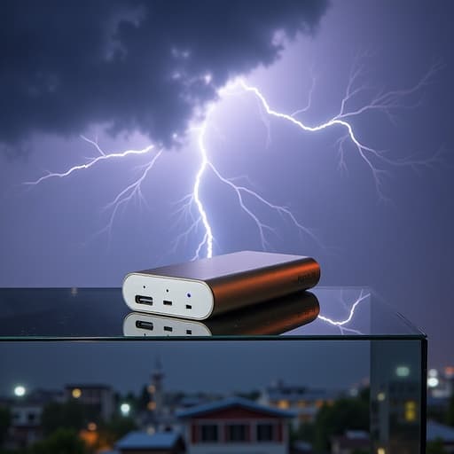 휴대용 파워 뱅크, 전자제품, 액세서리, 전력 솔루션, 극적이고 강렬하며 폭풍우 같은 분위기, 번개가 내리치는 밤하늘이 강력하고 전기적인 분위기를 만들어냅니다.