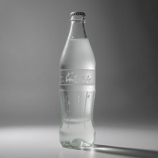 모노톤 그레이 배경에 있는 탄산음료 페트병, 자연광과 높은 세부 사항이 있는 깔끔하고 미니멀한 분위기.