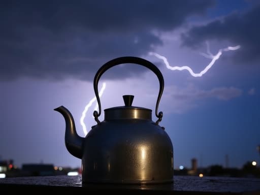 세밀한 긁힘이 있는 광택 있는 금속 주전자가 번개와 함께 드라마틱한 구름이 낀 밤하늘에 있는 강렬한 분위기를 연출합니다.
