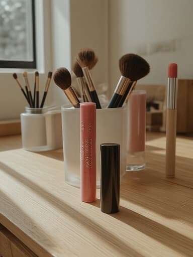 우아하고 평화로운 분위기의 따뜻한 자연광이 비치는 밝은 실내에 나무 화장대 위의 초현실적인 립 틴트.