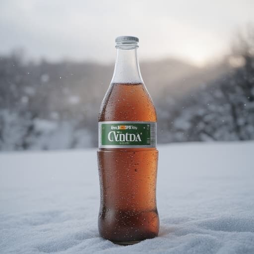 중앙에 있는 탄산음료 병, 표면에 반짝이는 응축수, 섬세한 반사, 부드럽게 내리는 눈, 부드러운 회색 겨울 풍경, 배경의 흐릿한 나무들, 구름 사이로 스며드는 따뜻한 빛, 사실적인 질감, 평온, 아늑함, 고요함