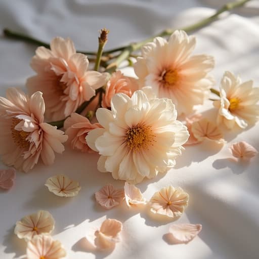 섬세한 꽃잎과 자연스러운 질감을 가진 드라이플라워가 softly blurred abstract colors 배경에 배치되어 평화로운 분위기를 자아냅니다.