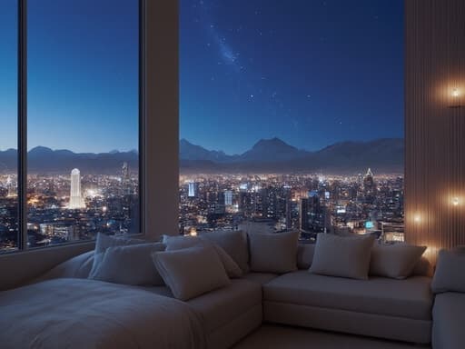 소파, 가구, 반짝이는 불빛이 있는 활기찬 밤의 도시 풍경, 아늑한 분위기