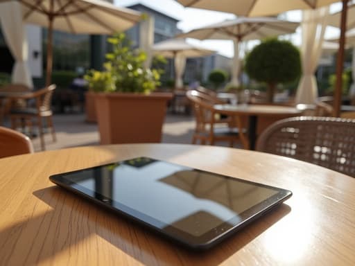 고급 레스토랑 테라스에 있는 세련된 태블릿, 자연목 테이블, 부드러운 아침 햇살이 부드러운 그림자 드리우고, 유리 표면에 미세한 반사, 화분과 가벼운 직물 커튼이 있는 우아한 야외 환경.