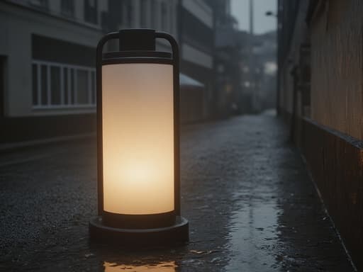 비 오는 도시 거리의 램프와 젖은 포장도로 반사가 편안하고 평온한 분위기를 조성합니다.