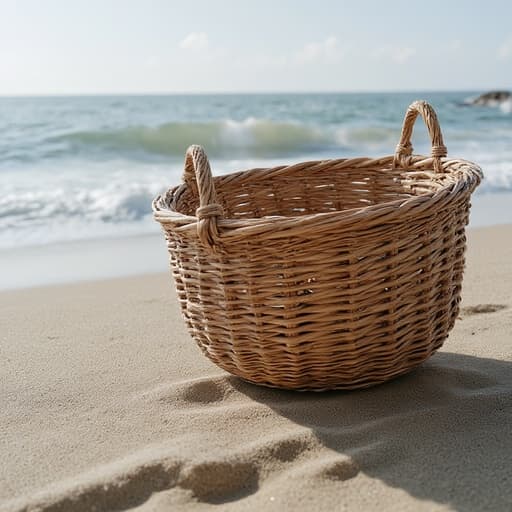 해변의 모래 위에 놓인 라탄 바구니, 고요하고 자연스러운 분위기.