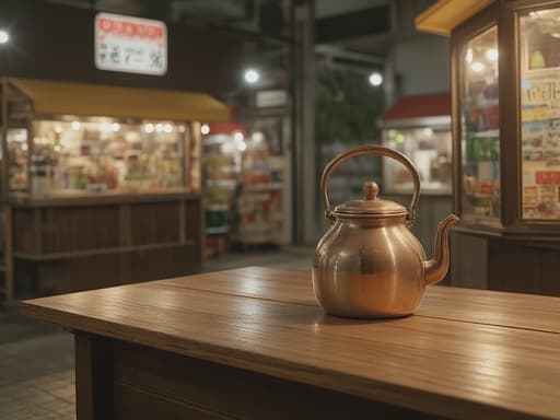 주전자, 주방용품, 활기찬 노점 풍경과 다채로운 가판대, 따뜻한 빛, 저녁 분위기, 생동감, 초대하는, 따뜻한