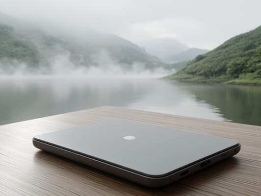 나무 표면 위의 초현실적인 태블릿, 고요한 호수에서 피어오르는 안개, 평화롭고 차분한 기분