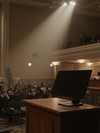 세련된 모니터가 클래식 오케스트라 홀의 다듬어진 나무 지휘자 단 위에 놓여 있고, 따뜻한 주변 조명과 풍부한 질감이 조화를 이루며 우아하고 정교한 분위기를 만들어냅니다.