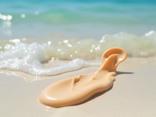 해변 배경에서 부드러운 햇빛 아래의 자외선 차단제, 상쾌하고 여름 같은 기분을 전달합니다.