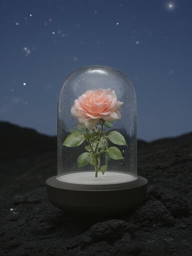 장미가 있는 유리 돔이 별이 보이는 테라스에 있는 평화로운 저녁 분위기.