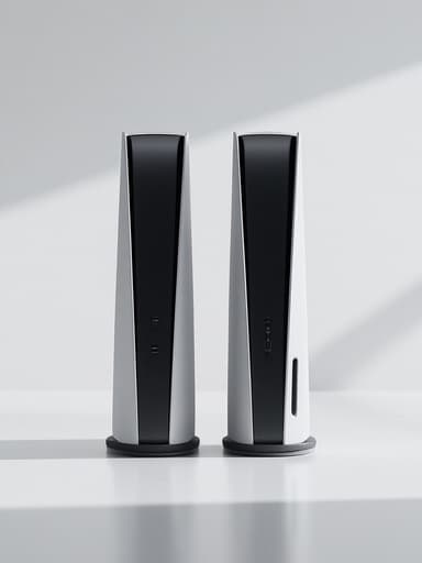 미니멀 화이트 스튜디오에 있는 게임 콘솔, 깔끔하고 현대적인 분위기