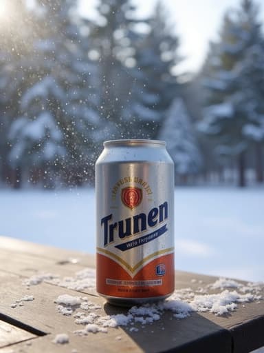 차가운 맥주 캔이 나무 테이블 위에 놓여 있고, 겨울 풍경에서 눈송이가 부드럽게 내리고 있으며, 배경의 눈 덮인 나무들은 부드러운 초점으로 표현되고, 확산된 자연광과 따뜻한 톤으로 고화질의 사진처럼 리얼한 느낌을 전달합니다.