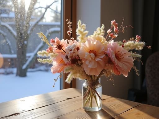 눈 오는 겨울 풍경이 보이는 간단한 꽃병에 꽂힌 드라이플라워 배열, 평온하고 아늑한 분위기를 연출합니다.