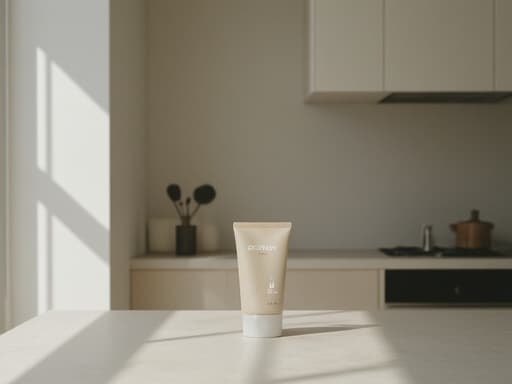 현대 주방에 있는 자외선 차단제, 밝고 초대하는 느낌.