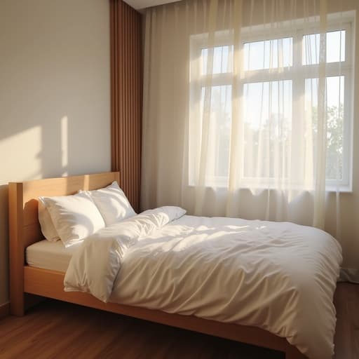 나무 프레임과 부드러운 침대 시트가 있는 싱글 침대가 창문을 통해 필터링되는 자연광 속에 있으며, 따스한 오후의 햇살이 부드러운 그림자를 드리우며 아늑한 분위기를 만들어낸다.