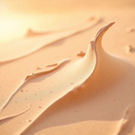 부드러운 크림 같은 질감의 쿠션 파운데이션이 황금빛 일몰 배경으로 둘러싸여 있으며 부드러운 그라데이션과 자연광이 있는 장면, 따뜻하고 평화로운 분위기.