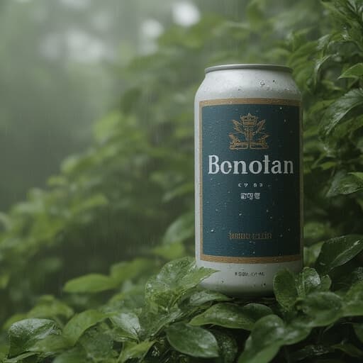 빗속의 울창한 숲에 있는 맥주 캔의 클로즈업, 캔에 물방울이 맺혀 있고, 푸른 잎사귀에 둘러싸여 있으며, 나무 사이로 스며드는 자연광이 있는 신선하고 평온한 분위기.