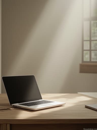 세련된 노트북이 밝은 실내의 미니멀한 나무 책상 위에 놓여 따뜻한 햇살로 차분하고 아늑한 분위기를 연출합니다.