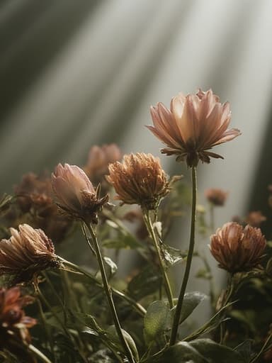 따뜻한 오후 햇살 속에 있는 드라이플라워는 고요하고 아늑한 분위기를 만들어냅니다.