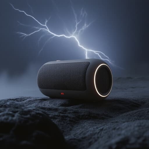 블루투스 스피커, 디지털 기기, 생생한 번개가 치는 폭풍우 치는 밤하늘로 둘러싸인, 드라마틱하고 강렬한 분위기.