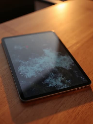 나무 표면 위의 태블릿과 따뜻한 황금빛 석양, 고요하고 매력적인