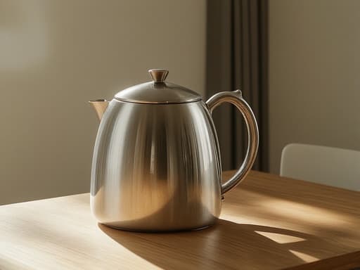 따뜻한 오후 햇살이 드리운 나무 식탁 위에 중심에 놓인 고광택 스테인리스 주전자, 부드러운 그림자가 드리워지고, 표면에 약간의 지문과 현실적인 반사가 있으며, 배경에 부드러운 보케 효과가 있다.