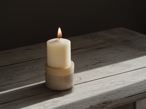 빈티지 카페 테이블 위의 캔들, 부드러운 자연광이 미세한 왁스 질감을 비추고, 부드러운 그림자, 닳은 나무 결, 아늑한 분위기.