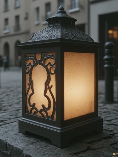 이탈리아 광장에서의 램프, 자연광과 부드러운 그림자 속에서의 따뜻한 빛과 섬세한 디자인으로 편안하고 초대하는 분위기.