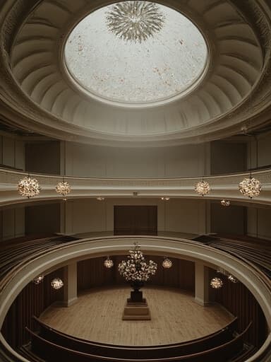 클래식 오케스트라 홀의 우아하고 차분한 유리 돔 속 장미