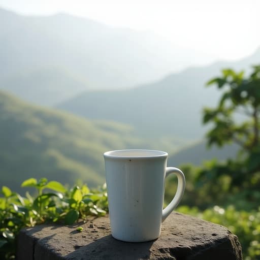 중앙에 놓인 흰색 도자기 머그컵의 클로즈업, 풍부한 녹색 계곡 위로 부드러운 안개가 감돌고, 부드러운 아침 햇살이 장면을 비추며, 머그컵의 미세한 질감과 작은 결점이 사실감을 더하고, 자연광, 깊이감, 부드럽게 드리워진 그림자, 고요하고 평화로운